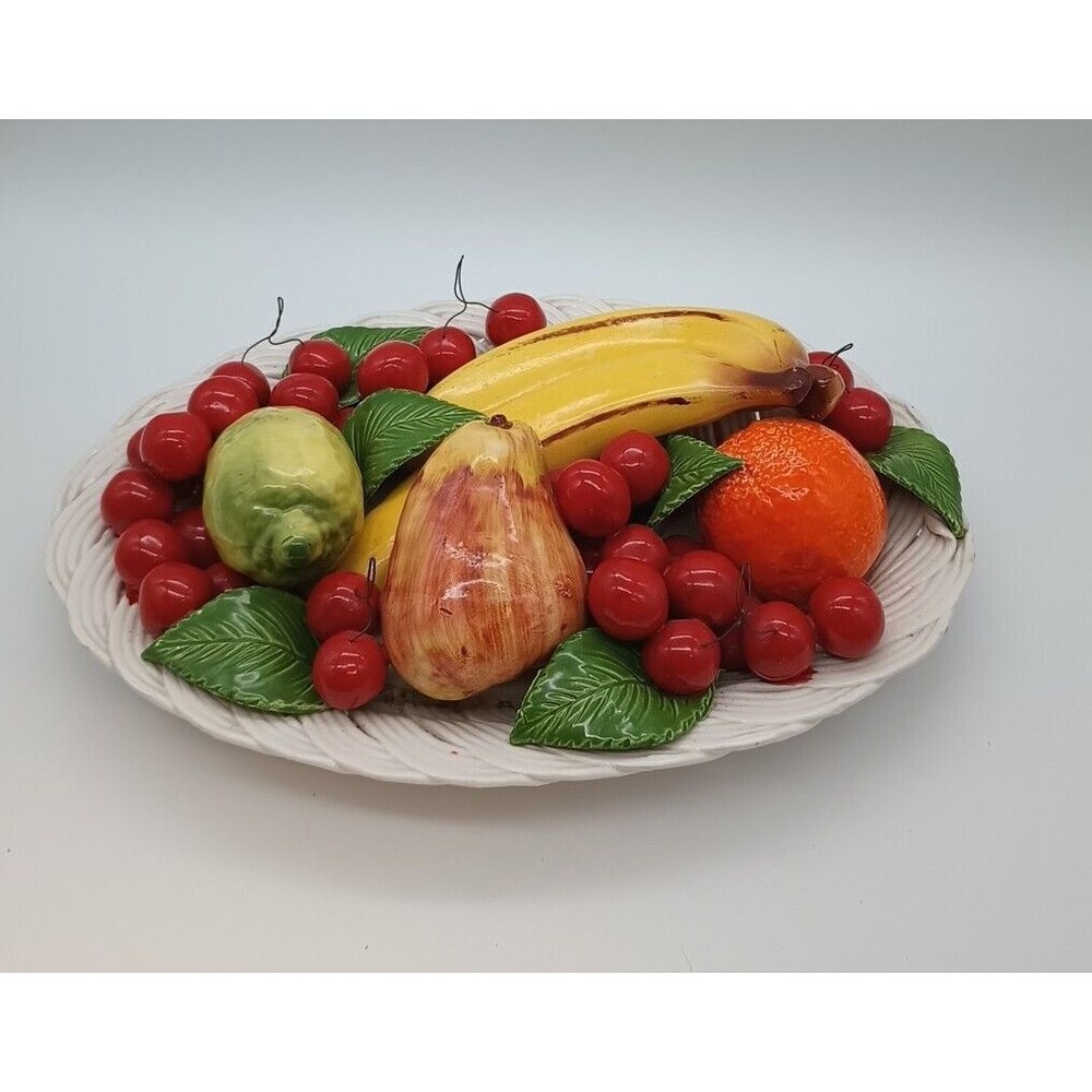 Vintage Ceramic Porcelain White Basket With Fruits Leaves Centerpiece Majolica